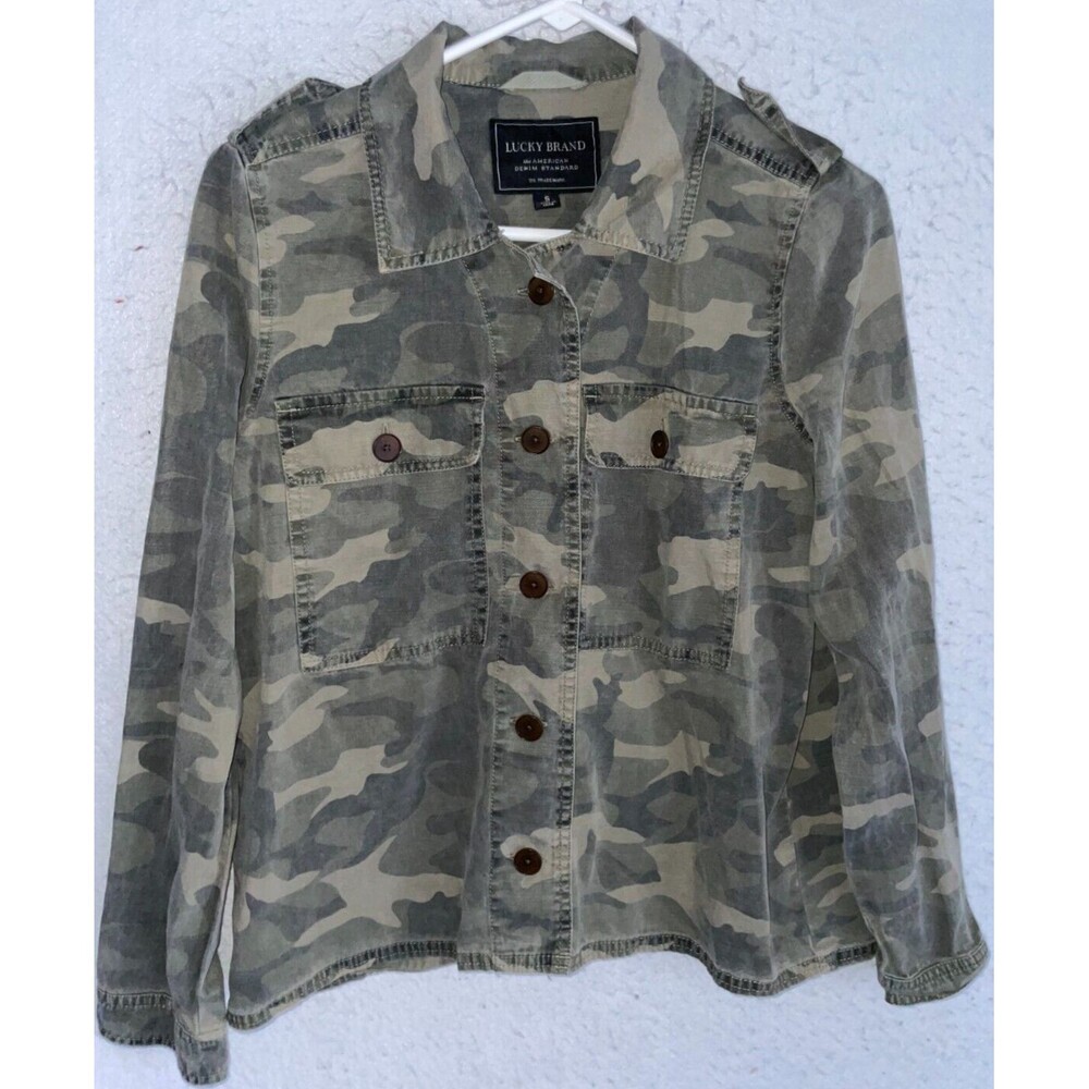 Lucky Brand Camo Military Army Combat Olive Green Camo Shirt Jacket Women's sz S